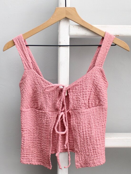 See You Monday Tops - See You Monday Mauve Pink Textured Tie-Front Open Cropped Tank Top Size Small